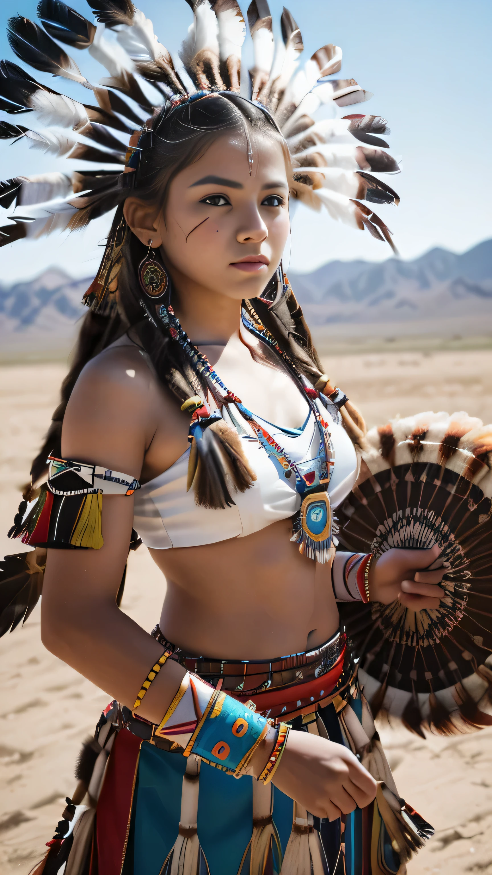 (Fotografía cinematográfica de una hermosa y detallada mujer de 18 años con ((facial y body characteristics that is similar to Kristina Pimenova))), (), ((Elegancia tradicional del Powwow: tema: Celebrating the vibrant colors y regalia of a powwow. Ropa: Auténtica vestimenta inspirada en la herencia tribal específica del modelo.. escena: Una arena de congresos, with traditional music y dance. accesorios: tambor, abanico de plumas, o abalorios tradicionales.)), (), (), finamente detallado, ultra-realistic features of her pale skin y (slender y athletic body), y (simétrico, realistic y beautiful face), cyid, (), (), (()), (), fotografía de archivo de película,  Colores ricos, Híper realista, textura realista, iluminación dramática, fuerte contraste