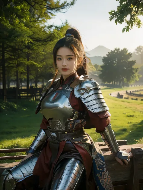 masterpiece，Best quality，HD quality，face close-up，Detailed sculpting of eyes，A high resolution，8K，Ancient battlefield background, ((field：1.8))，(Female generals on the battlefield in the Han Dynasty)，(mounted on a horse)，18-year-old girl，（long ponytail hai...