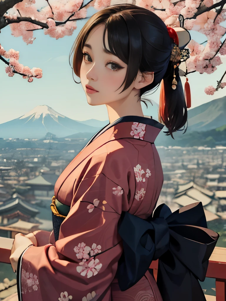 (background：Cherry blossoms on the mountain are covered with mist)((Ukiyo-e))japanese art,or period,tokyo art, lily,Natural landscape.(masseter membrane、top quality、Ukiyo-e style、mystery、Exquisite and beautiful、official art、Sharaku:1.2)、(1 japanese girl in:1.3)、(fractal art:1.3)、cowboy shooting、White skin、(beautiful brunette、kimono:1.2)、以日本传统表演艺术为background、colorful、(reel、Belongs to Japanese style:1.2)、