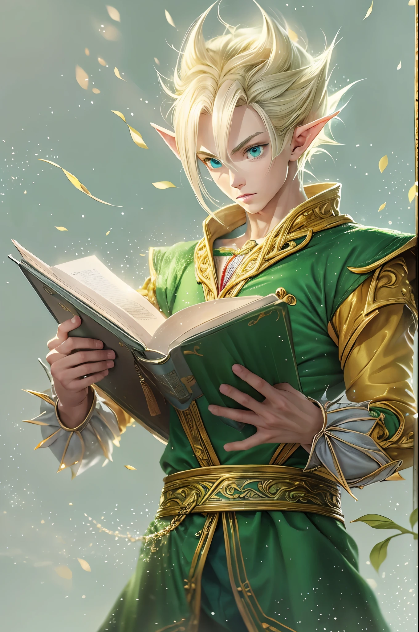 (master piece), 8k, best quality, elf boy, naïve, male, teenager, 14 years old, white skin, thin body, pointed elf ears, beautiful finely detailed silver eyes, high forehead, yellow blonde spiky hair like Gohan from the anime dragon ball (super sayajin), Incredibly handsome, conservative elven outfit, looking at notebook