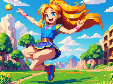 (best quality,4k,8k,highres,masterpiece:1.2),pixel art,girl jumping and running,vibrant colors,dynamic lighting,long hair,playfu...