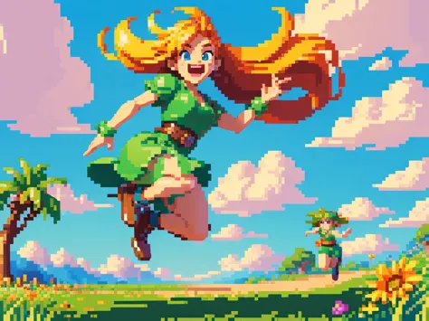 (best quality,4k,8k,highres,masterpiece:1.2),pixel art,girl jumping and running,vibrant colors,dynamic lighting,long hair,playfu...