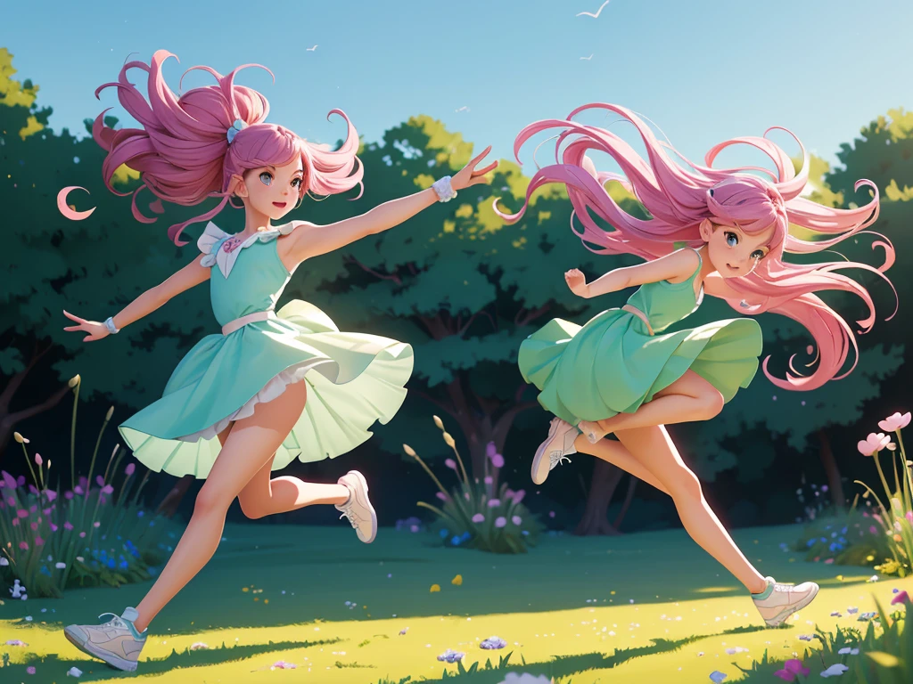 (best quality,4k,8k,highres,masterpiece:1.2),pixel art,girl jumping and running,pastel colors,soft lighting,emphasis on movement,playful expression,grassy field,coloful flowers,flowing hair,animated background,expressive eyes,bouncy legs,twinkling stars,delicate details,cute outfit,energetic poses,vibrant atmosphere,comic book style,whimsical elements,eye-catching composition,stylish sneakers,striking contrast,fantasy-like feel,joyful character,sketchbook-like textures,light and airy mood,shadows adding depth,life-like animations,colorful trail following her movements,creative and dynamic poses,imaginative background,exaggerated proportions,dynamic lines,girlish charm,euphoric atmosphere,quaint environment