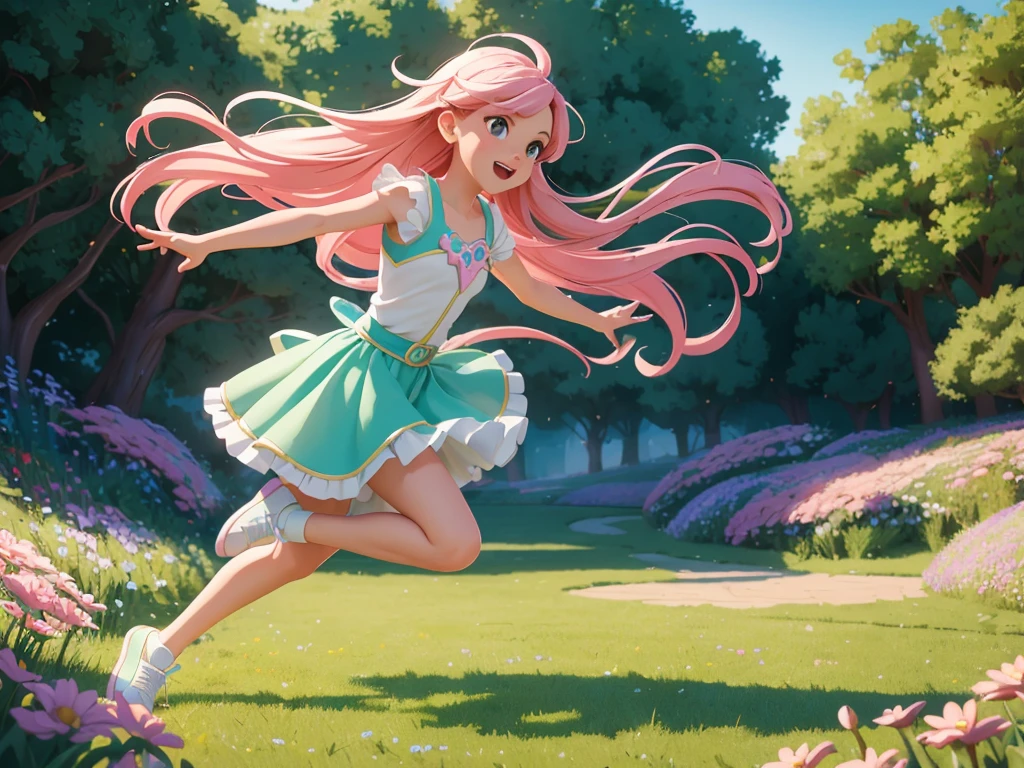 (best quality,4k,8k,highres,masterpiece:1.2),pixel art,girl jumping and running,pastel colors,soft lighting,emphasis on movement,playful expression,grassy field,coloful flowers,flowing hair,animated background,expressive eyes,bouncy legs,twinkling stars,delicate details,cute outfit,energetic poses,vibrant atmosphere,comic book style,whimsical elements,eye-catching composition,stylish sneakers,striking contrast,fantasy-like feel,joyful character,sketchbook-like textures,light and airy mood,shadows adding depth,life-like animations,colorful trail following her movements,creative and dynamic poses,imaginative background,exaggerated proportions,dynamic lines,girlish charm,euphoric atmosphere,quaint environment