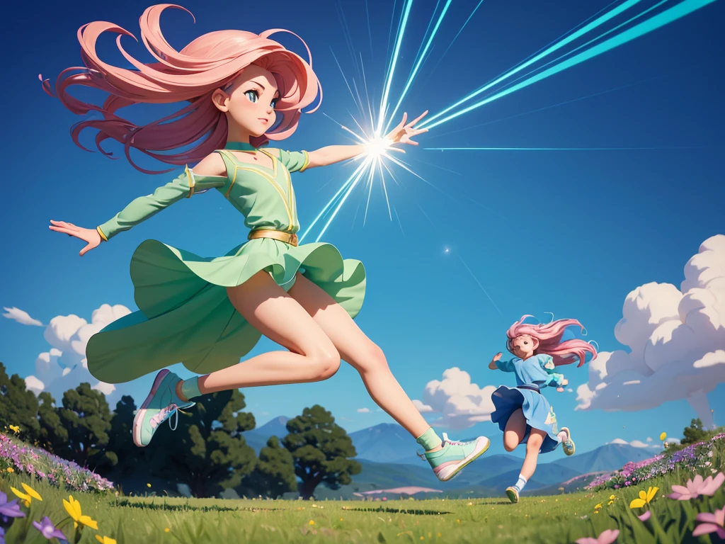 (best quality,4k,8k,highres,masterpiece:1.2),pixel art,girl jumping and running,pastel colors,soft lighting,emphasis on movement,playful expression,grassy field,coloful flowers,flowing hair,animated background,expressive eyes,bouncy legs,twinkling stars,delicate details,cute outfit,energetic poses,vibrant atmosphere,comic book style,whimsical elements,eye-catching composition,stylish sneakers,striking contrast,fantasy-like feel,joyful character,sketchbook-like textures,light and airy mood,shadows adding depth,life-like animations,colorful trail following her movements,creative and dynamic poses,imaginative background,exaggerated proportions,dynamic lines,girlish charm,euphoric atmosphere,quaint environment