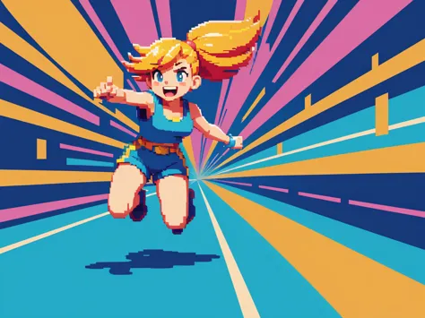 (best quality,4k,8k,highres,masterpiece:1.2),pixel art,girl jumping and running,colorful,retro style,dynamic movement,playful,en...