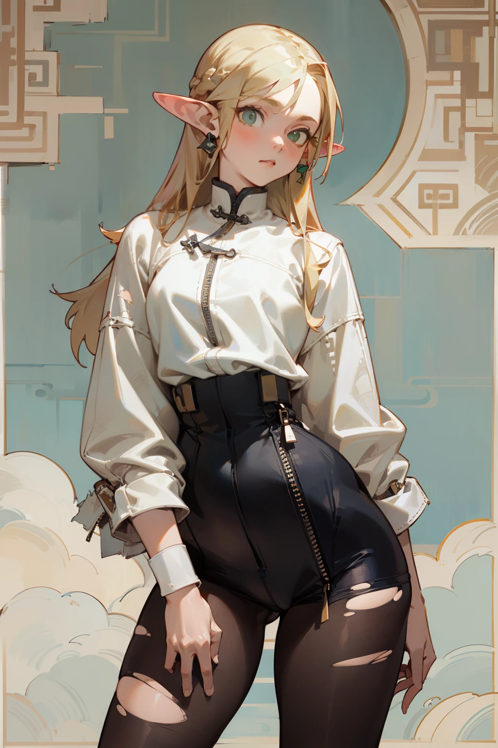 (masterpiece, best quality) detailed, Wearing black tights, silver accessories , zipper unzipped , bionde ,elegant, pointed ears ，Chinese element pattern，thigh，Leaking thigh，White shirt，torn clothes，Alphonse Mucha's