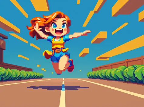 (best quality,4k,8k,highres,masterpiece:1.2),pixel art,girl jumping and running,colorful,retro style,dynamic movement,playful,en...