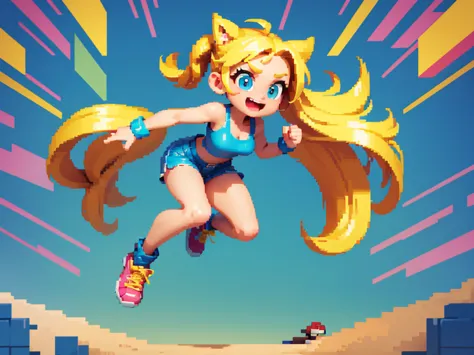 (best quality,4k,8k,highres,masterpiece:1.2),pixel art,girl jumping and running,colorful,retro style,dynamic movement,playful,en...