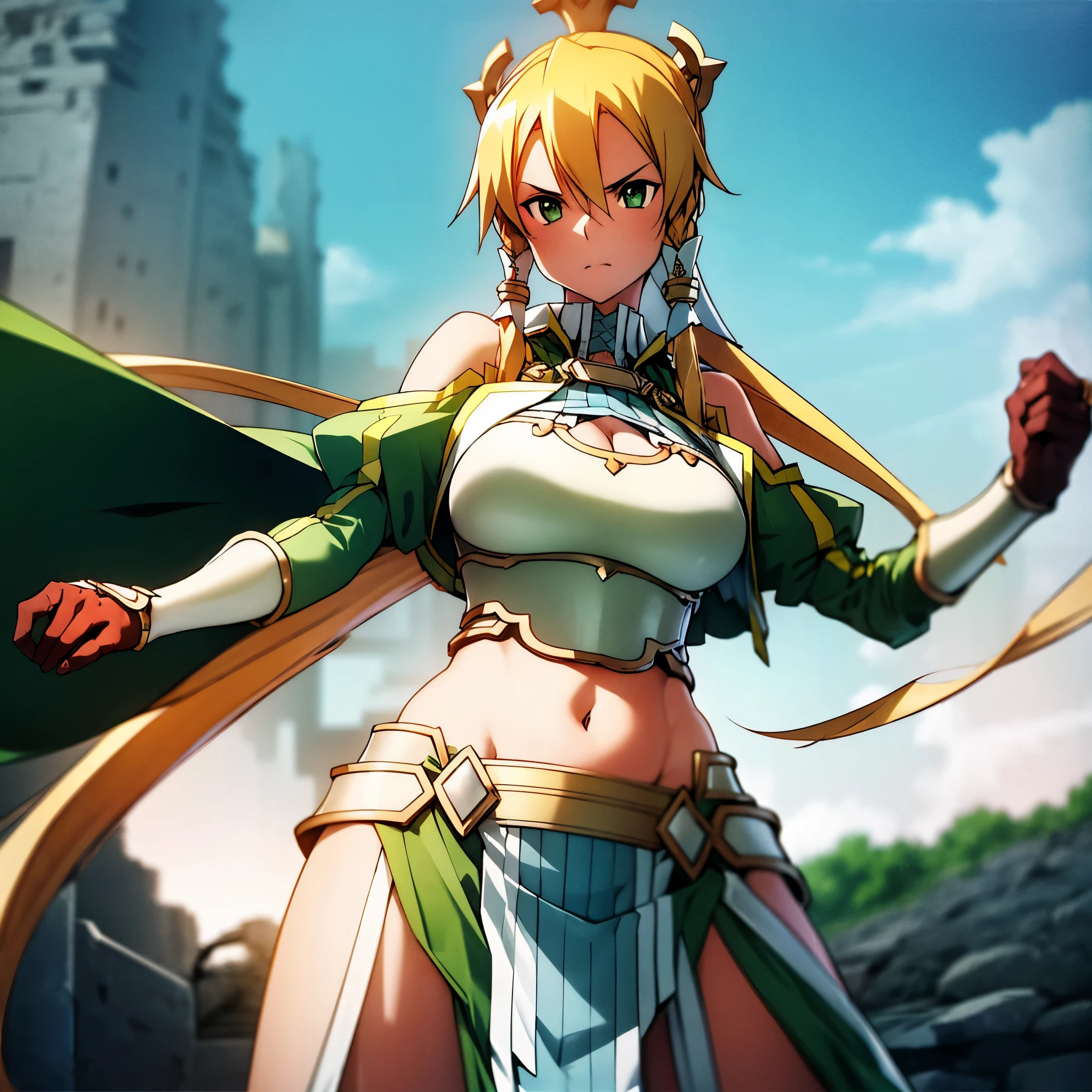 ((masterpiece)), ((best quality)), ((ultra realistic)), ((4K)), curvy, tall, mega breasts, belly, femdom, queen,belly button, shot from below, beautiful blonde hair, beautiful green eyes, having a long sword, super real skin, killing enemies, reflecting blood on the whole body, cut off enemies head, bloody breasts, slashing swords, kill enemies, defeats enemies, bloody swords, angry