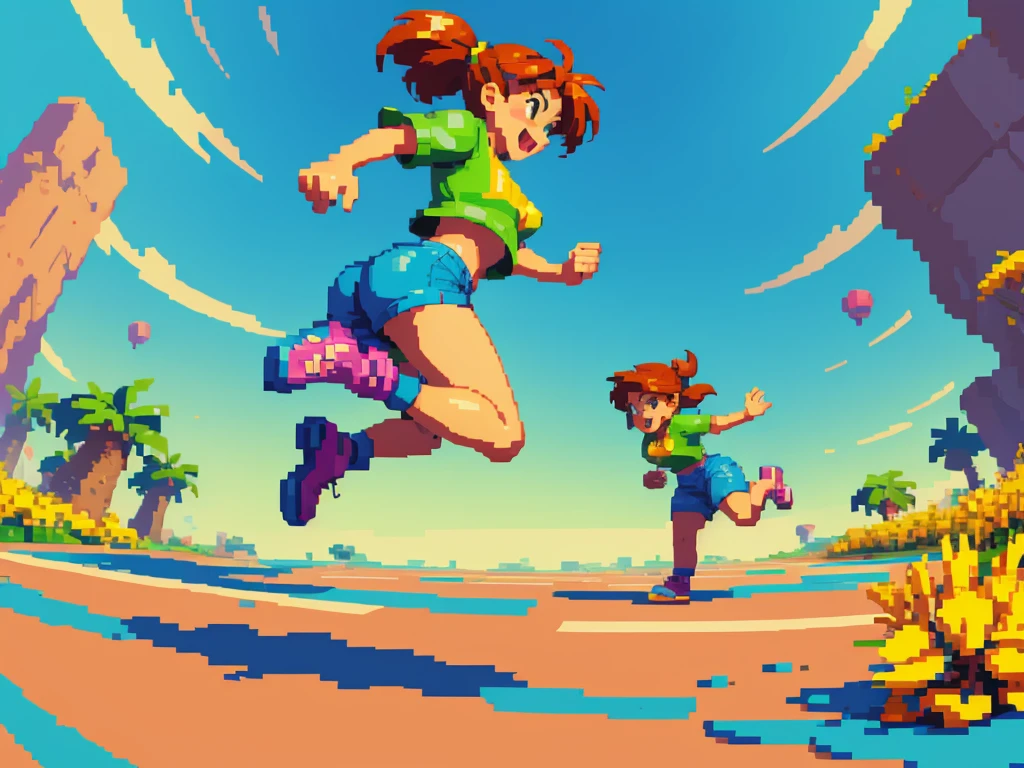 (best quality,4k,8k,highres,masterpiece:1.2),pixel art,girl jumping and running,colorful,retro style,dynamic movement,playful,energetic,smooth animation,expressive facial features,pixilated environment,80s video game style,vibrant colors,overlapping layers,cheerful mood,bouncing motion,jumping platform,excitement,action-packed,fast-paced,fluid animations,cute character design,playful background music,nostalgic aesthetics,memorable gaming experience,classic arcade game vibes,catchy sound effects,high score challenge,addictive gameplay,immersive pixelated world,adrenaline rush,satisfying jumps and landings,endless runner game mechanics,animated sprites,running speed increasing gradually,running through colorful obstacles,spritesheet animations,looping background,attention to detail,limited color palette,handcrafted artwork,retro gaming inspiration,retro pixel graphics,authentic pixel art style,artistic pixel placement,retro gaming enthusiasts,engaging visual style,effortlessly smooth transitions