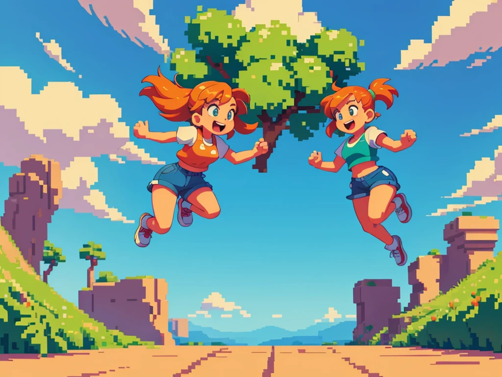 (best quality,4k,8k,highres,masterpiece:1.2),pixel art,girl jumping and running,colorful,retro style,dynamic movement,playful,energetic,smooth animation,expressive facial features,pixilated environment,80s video game style,vibrant colors,overlapping layers,cheerful mood,bouncing motion,jumping platform,excitement,action-packed,fast-paced,fluid animations,cute character design,playful background music,nostalgic aesthetics,memorable gaming experience,classic arcade game vibes,catchy sound effects,high score challenge,addictive gameplay,immersive pixelated world,adrenaline rush,satisfying jumps and landings,endless runner game mechanics,animated sprites,running speed increasing gradually,running through colorful obstacles,spritesheet animations,looping background,attention to detail,limited color palette,handcrafted artwork,retro gaming inspiration,retro pixel graphics,authentic pixel art style,artistic pixel placement,retro gaming enthusiasts,engaging visual style,effortlessly smooth transitions