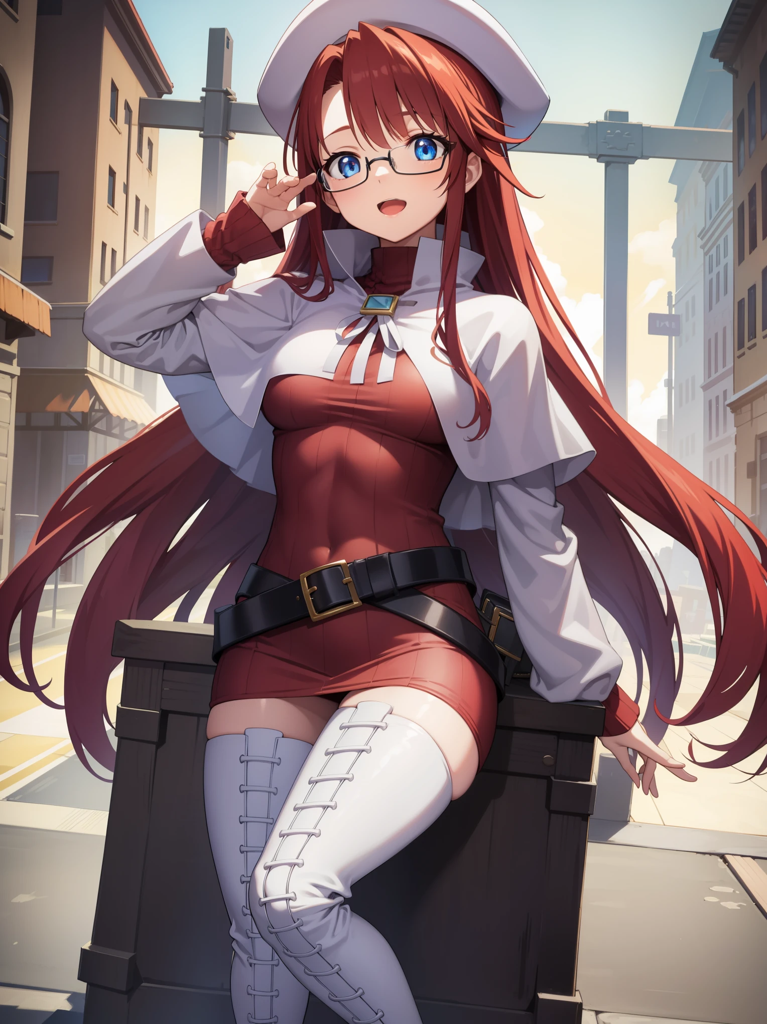 summonnightaty, aty, long hair, blue eyes, red hair, beret, hat, glasses,
BREAK long hair, thighhighs, hat, dress, boots, glasses, belt, cape, sweater, zettai ryouiki, beret, thigh boots, white footwear, ribbed sweater, loose belt,solo,
BREAK outdoors, fantasy_town,
BREAK (masterpiece:1.2), best quality, high resolution, unity 8k wallpaper, (illustration:0.8), (beautiful detailed eyes:1.6), extremely detailed face, perfect lighting, extremely detailed CG, (perfect hands, perfect anatomy),covered_nipples,covered_navel,light_smile ,walking,(half_eyes:1.2),light_open_mouth,sword,armpit,sleepy,sitting_on_the_barrel,barrel,red_sweater,