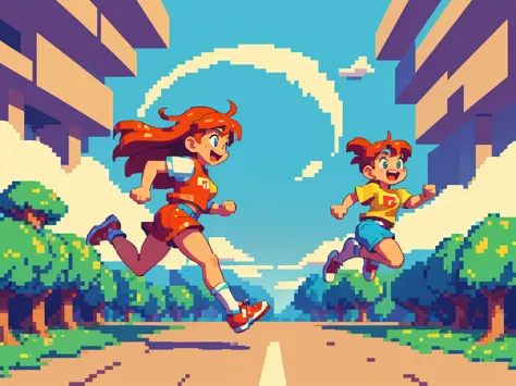 (best quality,4k,8k,highres,masterpiece:1.2),pixel art,girl jumping and running,colorful,retro style,dynamic movement,playful,en...