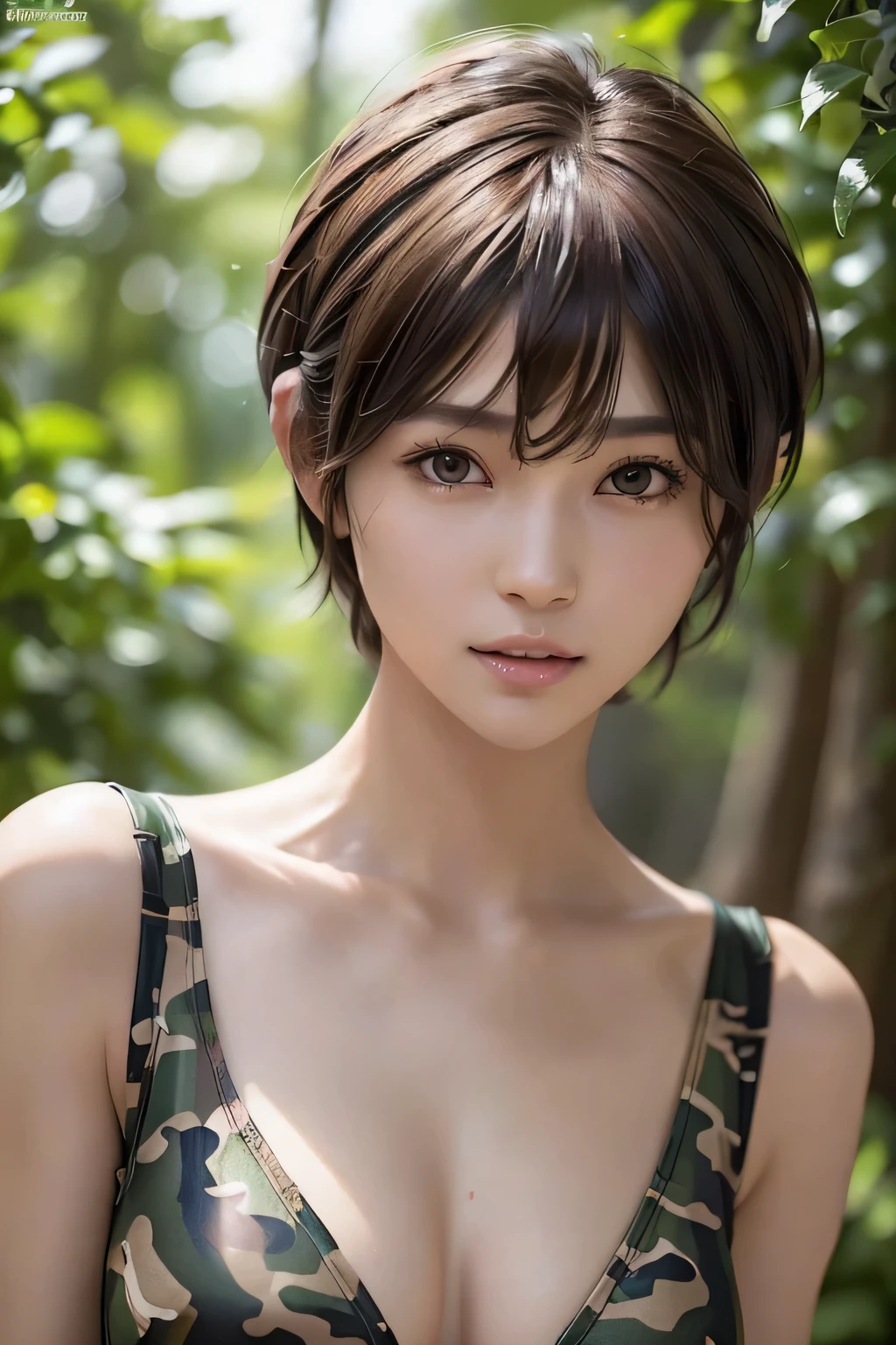 ８ｋ、highest quality, 1 girl, , , ((pixie cut)), , spindly body, slim、flat body、lonely face、cute、inverted triangle face、 (close up head shot:1.23) 、brown hair、camouflage、Women's Special Forces、Black Body Paint、mimicry