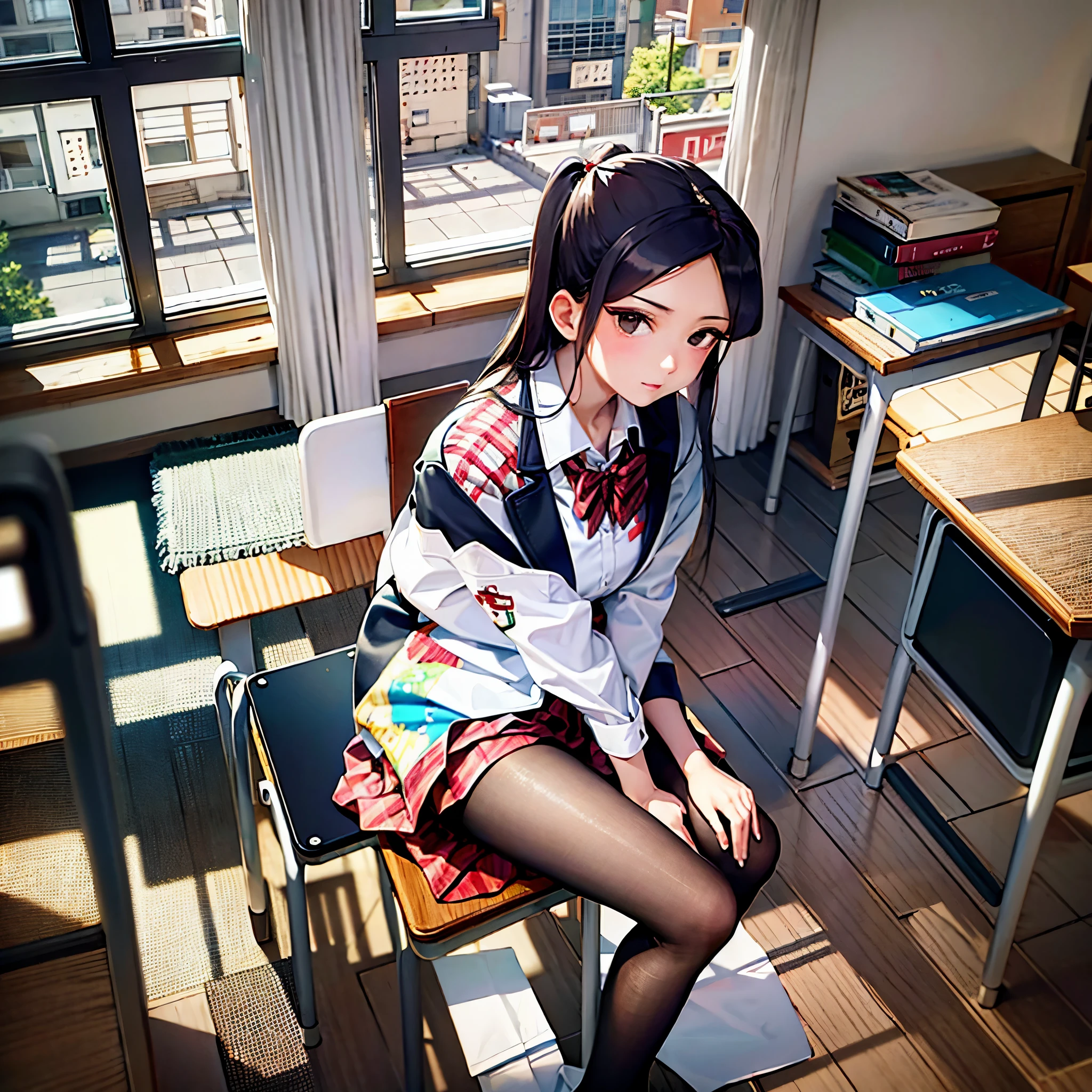 komiShouko, masterpiece, best quality, absurdres, 1girl, looking at viewer, v arms, pantyhose, classroom, school uniform, red skirt, red bow, blazer, window, sitting, chair, crowd,crossing legs,medium thighs.