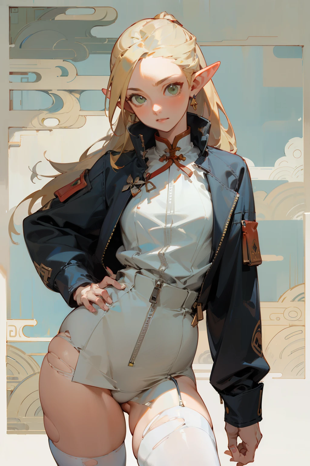 (masterpiece, best quality) detailed, Wearing white tights, silver accessories , zipper unzipped , bionde ,elegant, pointed ears ，Chinese element pattern，thigh，Leaking thigh，White shirt，torn clothes，Alphonse Mucha's