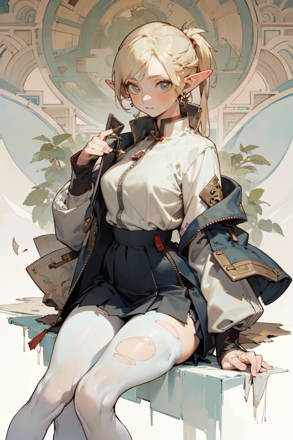 (masterpiece, best quality) detailed, Wearing white tights, silver accessories , zipper unzipped , a blonde ,elegant, pointed ears ，Chinese element pattern，thigh，Leaking thigh，White shirt，white pleated skirt，torn clothes，Alphonse Mucha's