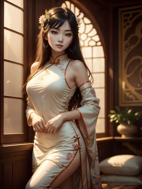 soft_light, (((soft lighting, Masterpiece portrait of Asian goth beauty wearing Cheongsam|bikini))), long hair, beauty mark, sta...