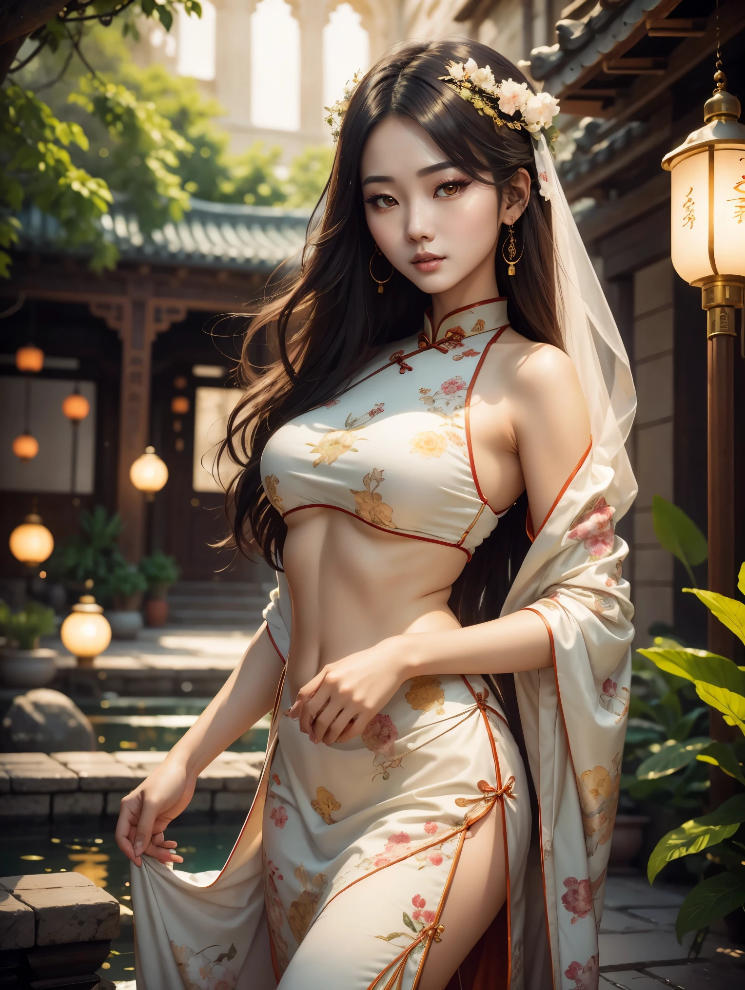soft_light, (((soft lighting, Masterpiece portrait of Asian goth beauty wearing Cheongsam|bikini))), long hair, beauty mark, standing in A cozy small garden pool of an ancient Alhambra building, Persia-inspired, colorful pillows, and carpets, by Greg Rutkowski dynamic lighting hyperdetailed intricately detailed triadic colors Unreal Engine 5 volumetric lighting with god's rays Alphonse Mucha WLOP Jordan Grimmer. soft shadows.