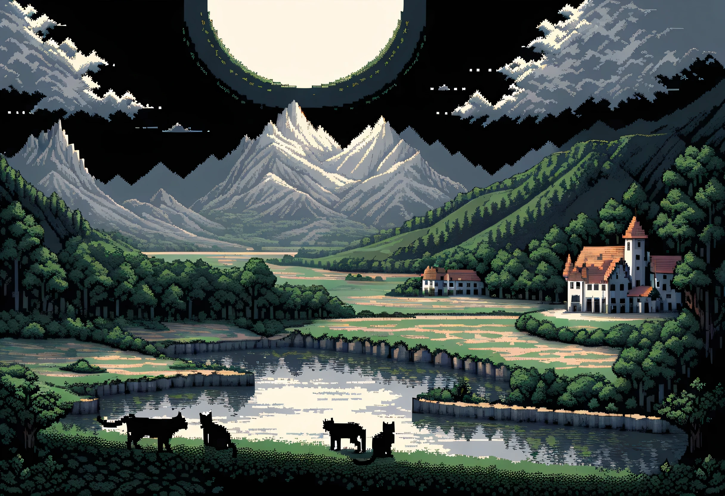(Pixel art of medieval countryside landscape:1.3), (16 bit:1.3), (point:1.3), highlight point, Cat work through the natural light of the sunset, Professionally rendered precision, Each piece is rendered with intricate detail and rich color., sense and depth、and breathtaking realism, intricate details, visually stunning, unparalleled stunning elaborate point work, high contrast, tonal contrast, wonderful use of large and small point, point線を表示する,