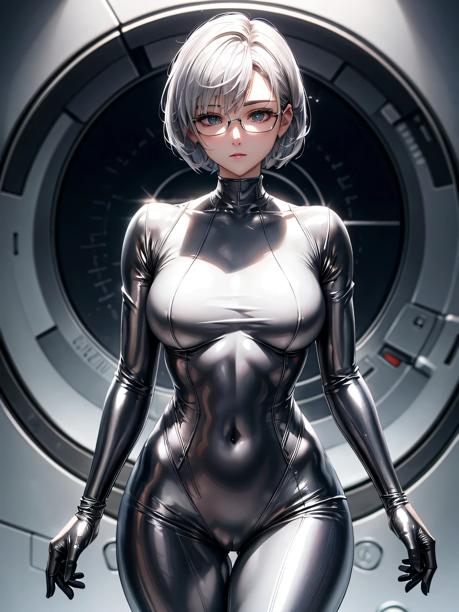 Top quality 8K UHD、short hair、pieces fly、stick one out&#39;waist、crotch opening、silver hair、Glasses、Upper body、Beautiful woman wearing a full body silver metallic suit、A silver rubber suit that hides your lustrous skin