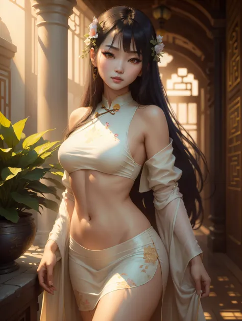 soft_light, (((soft lighting, Masterpiece portrait of Asian goth beauty wearing Cheongsam|bikini))), long hair, beauty mark, sta...