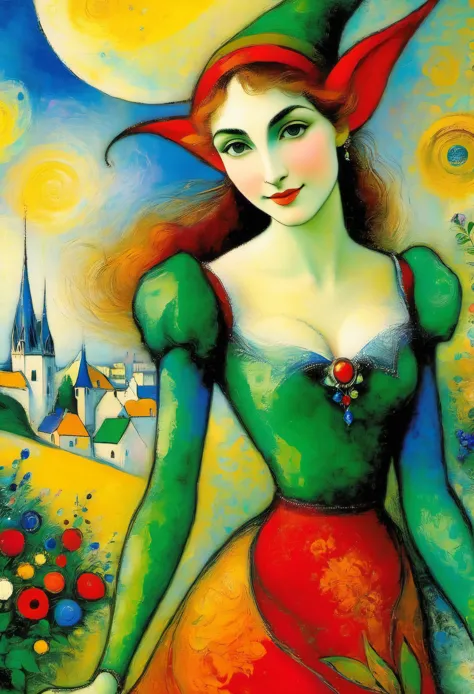 super detail beautiful elf-girl 30 years old ((marc chagall style)), magical naive art, primitivism, protogen, ((best quality, m...