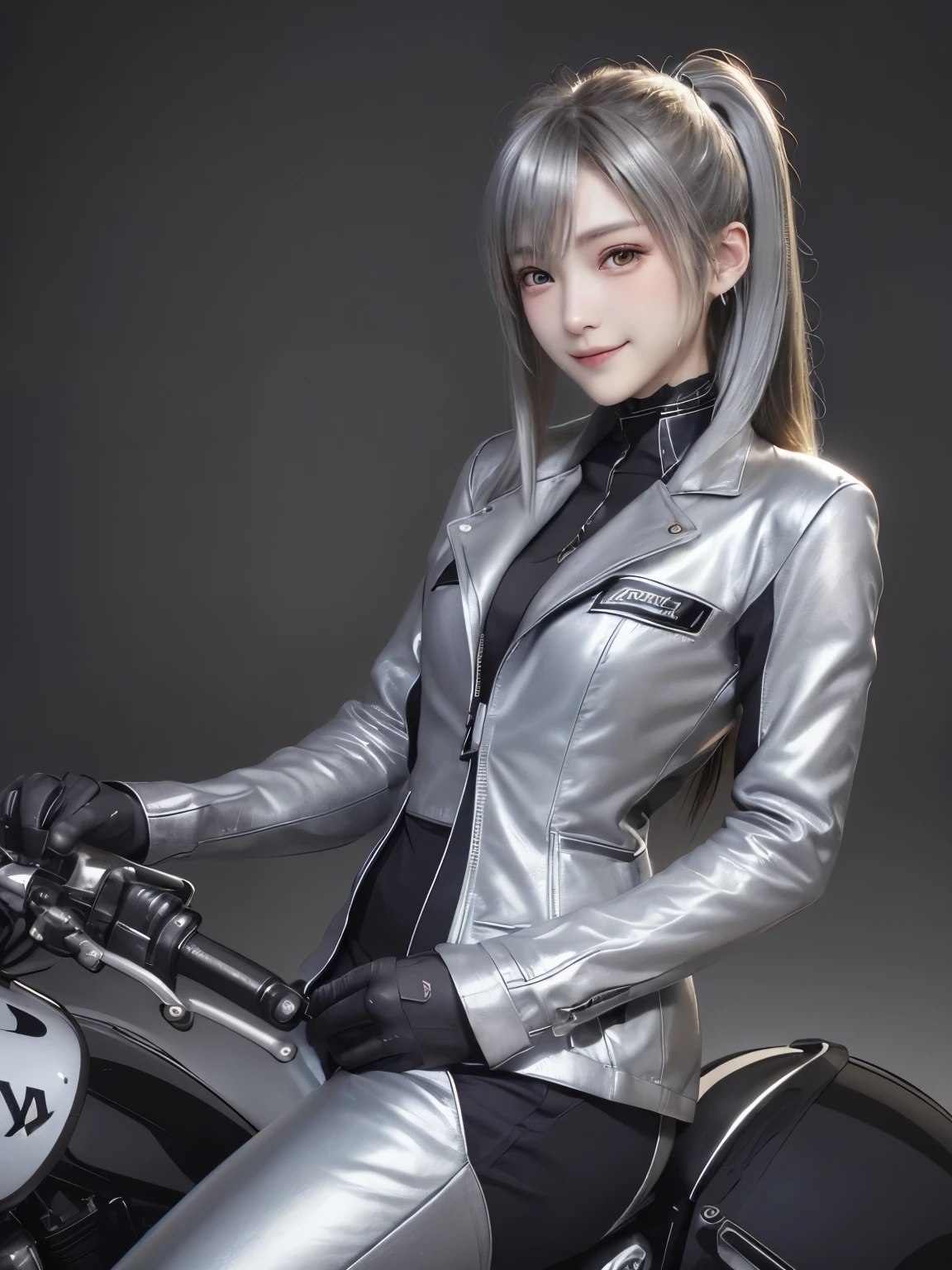 ((highest quality)), ((masterpiece)), (detailed motorcycle), perfect face、Accurate five-fingered hands、double eyelids、small face、realistic skin texture、full body shot、long legs、Beauty、((silver rider suit and pants))、smile、slender body、Moist eyes、((riding a motorcycle))、twin tails