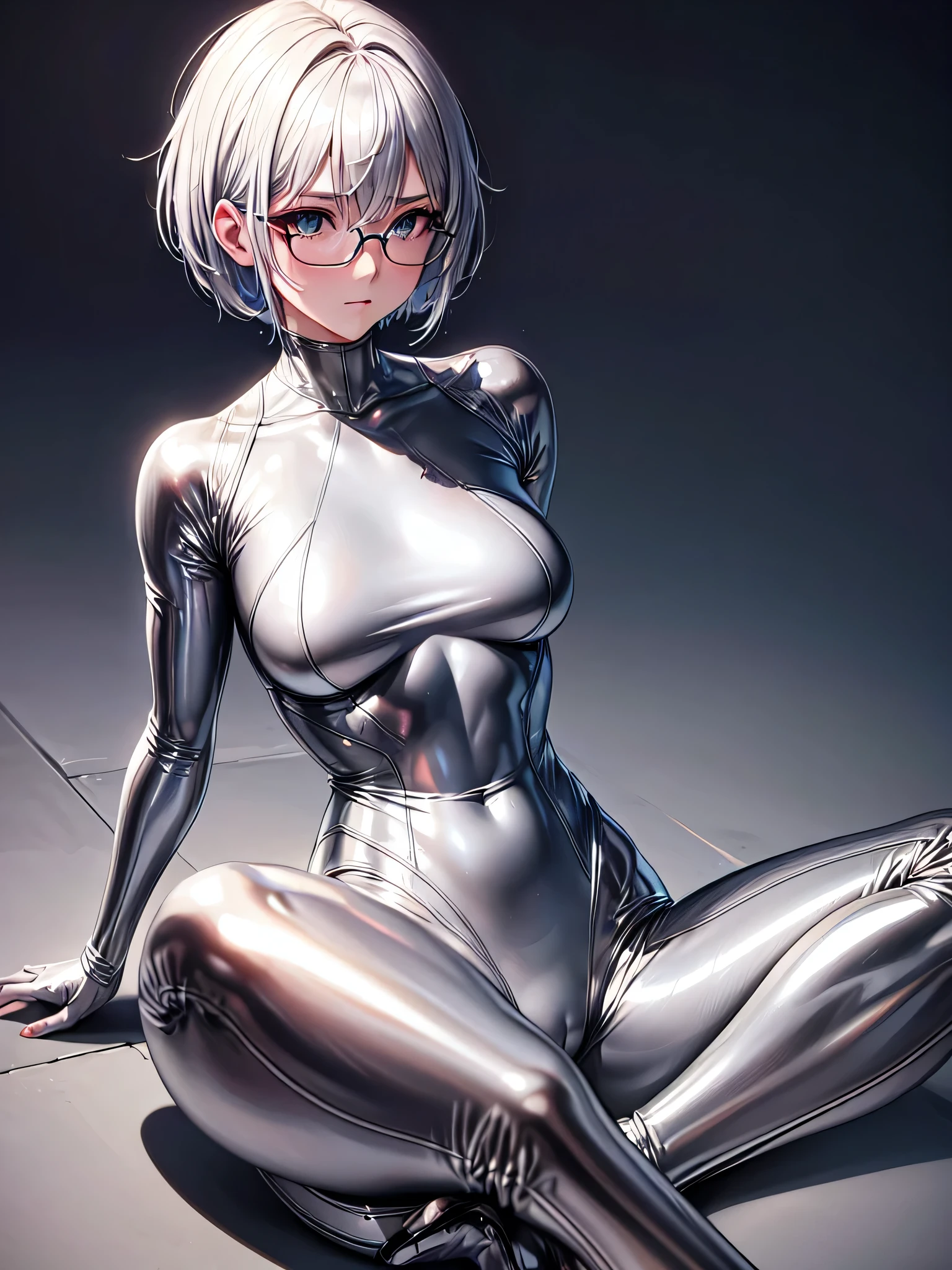 Top quality 8K UHD、Upper bodyアップ、short hair、pieces fly、sit down and raise one leg、spread your leguscular、silver hair、Glasses、Upper body、Beautiful woman wearing a full body silver metallic suit、A silver rubber suit that hides your lustrous skin