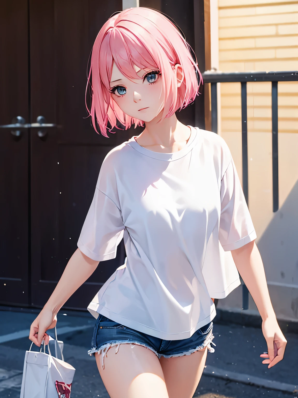 1 girl,Pink hair,Walking, sad expression, close up photo,Middle parted hair, short hair,white t-shirt,white t-shirt,black shorts ,at the north pole,blizzard