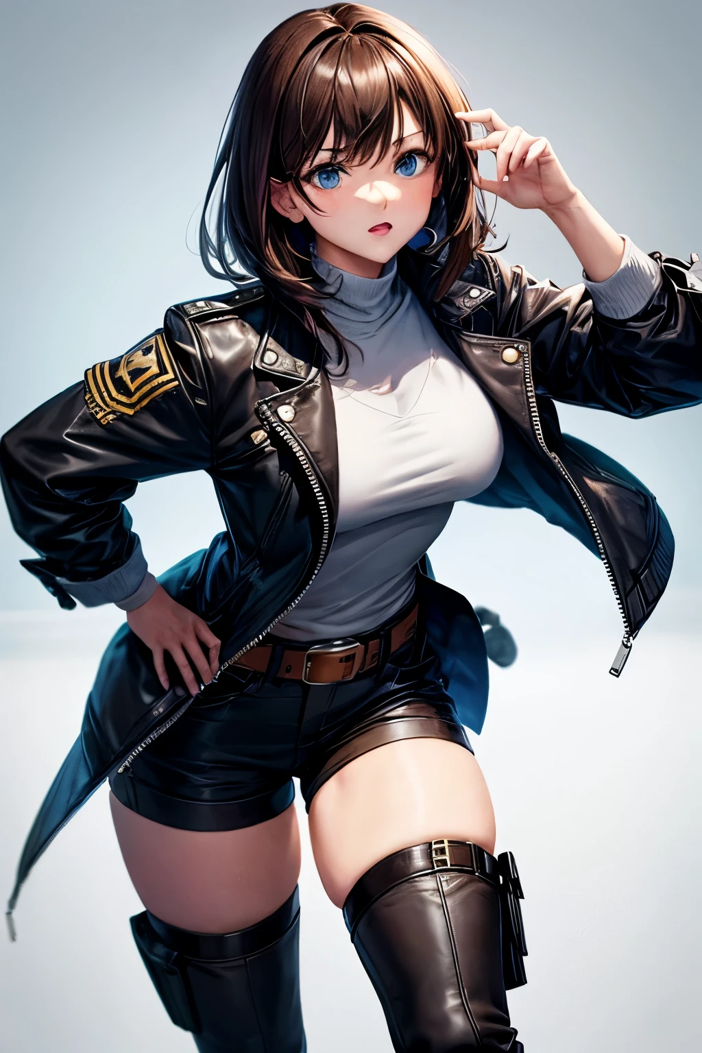 1 girl,brown hair　black shorts　black jacket with white fur　mercenary　blue eyes　white shirt　thigh belt　boots　short bob