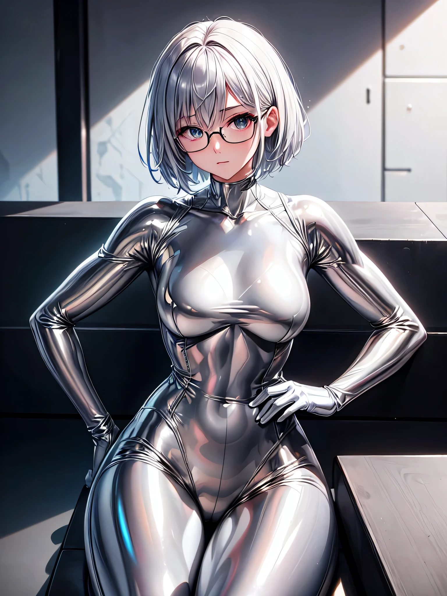 Top quality 8K UHD、Upper bodyアップ、short hair、pieces fly、sit down and raise one leg、spread your leguscular、silver hair、Glasses、Upper body、Beautiful woman wearing a full body silver metallic suit、A silver rubber suit that hides your lustrous skin