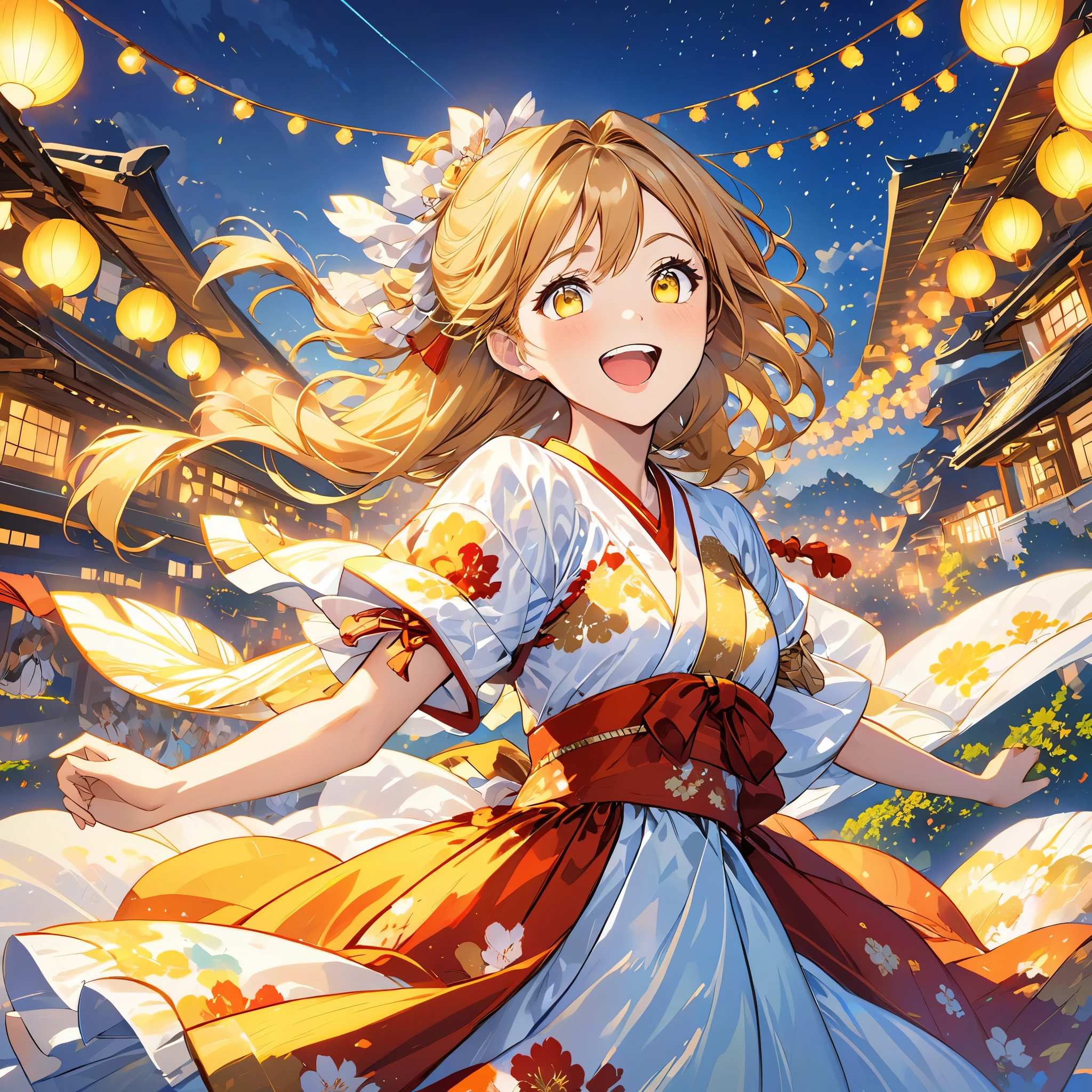 girl, flowing golden blonde hair, yellow eyes, golden royal outfit, neckline, Japanese cartoons, The background is a clear sky and twinkling lights, dynamic angle, arrogant laughter