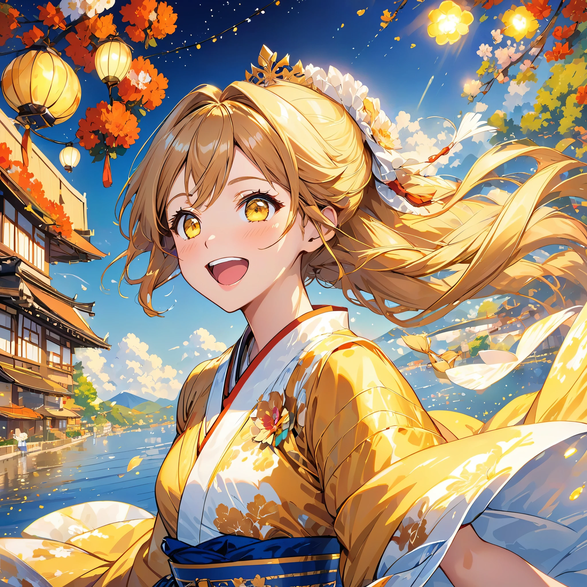 girl, flowing golden blonde hair, yellow eyes, golden royal outfit, neckline, Japanese cartoons, The background is a clear sky and twinkling lights, dynamic angle, arrogant laughter