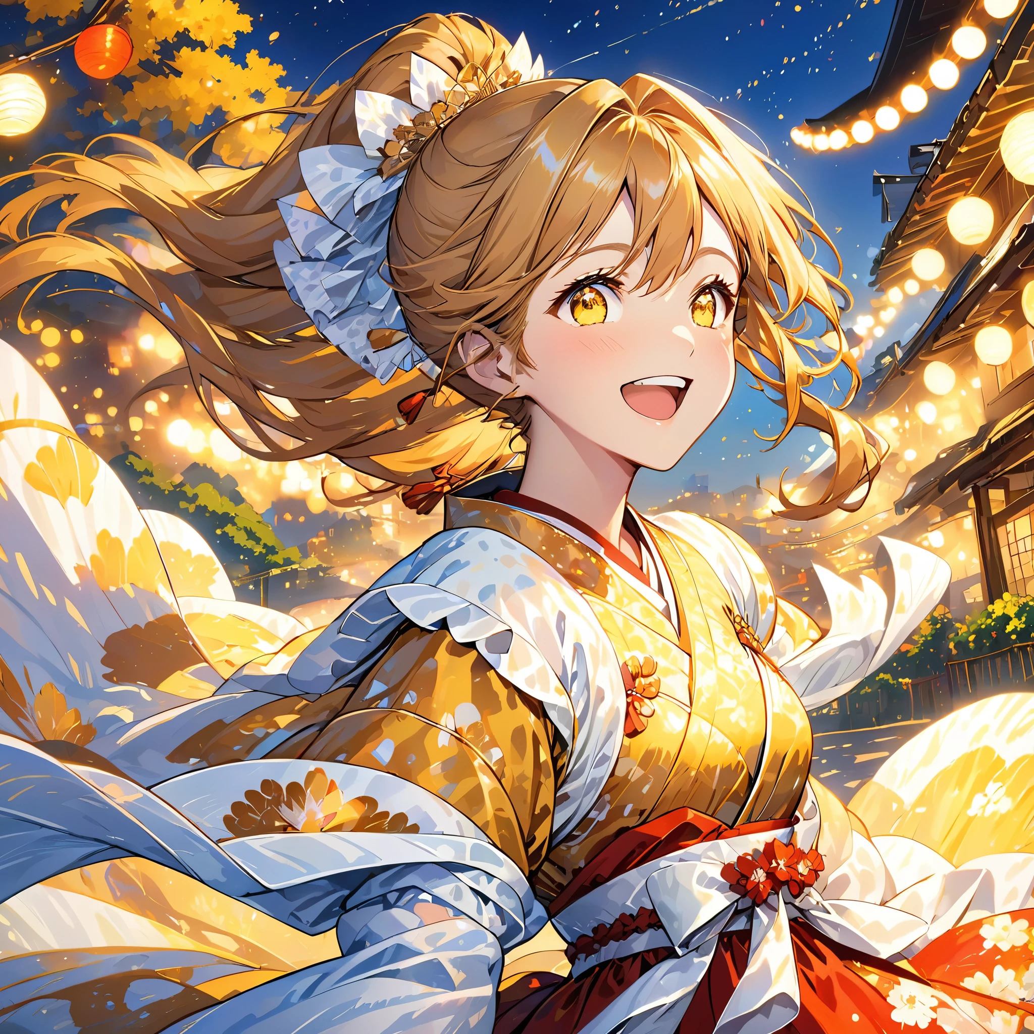 girl, flowing golden blonde hair, yellow eyes, golden royal outfit, neckline, Japanese cartoons, The background is a clear sky and twinkling lights, dynamic angle, arrogant laughter