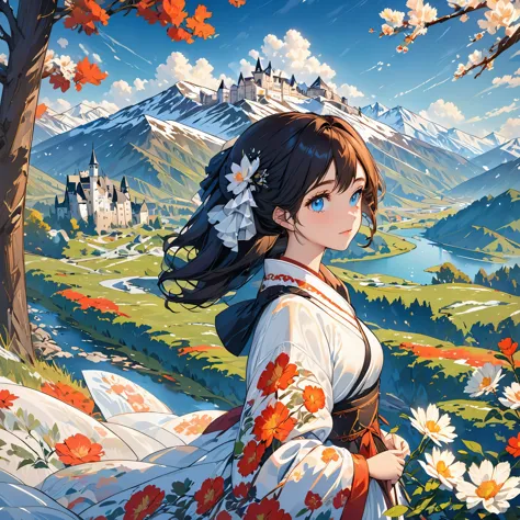 ((masterpiece)),best quality, illustration, dark, 1 girl, in the wilderness,mountain high,snowy mountains in the distance, castl...