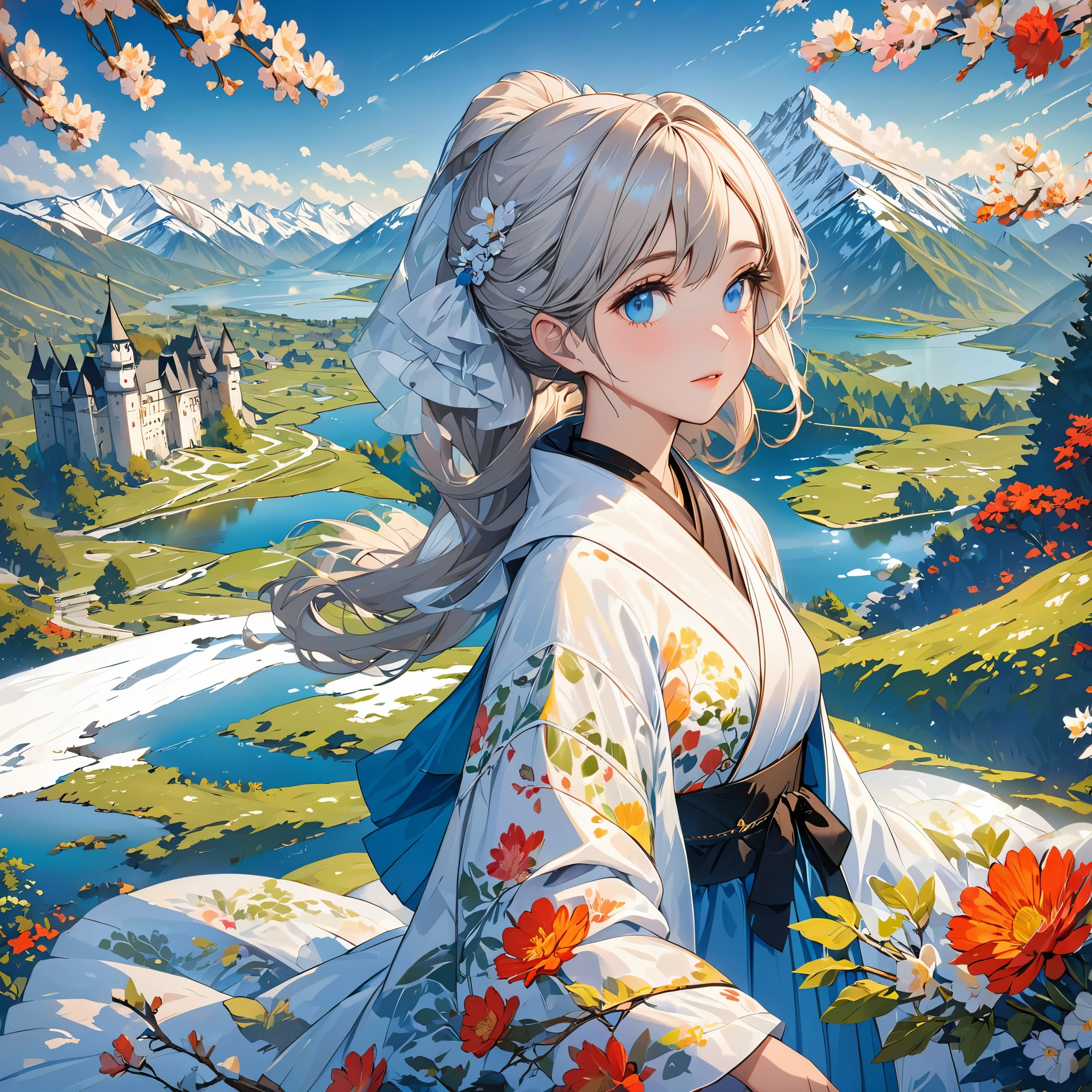 ((masterpiece)),best quality, illustration, dark, 1 girl, In the wilderness,Mountain high,Snowy mountains in the distance, castle, Beautiful and delicate eyes,  beautiful fine hair,