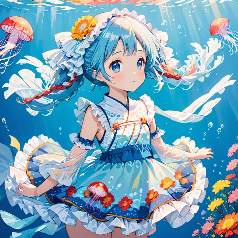cute girl yes,flat chest,kawaii,(jellyfish girl:1.2), Put your arms behind your back,underwater,frilly dress,
