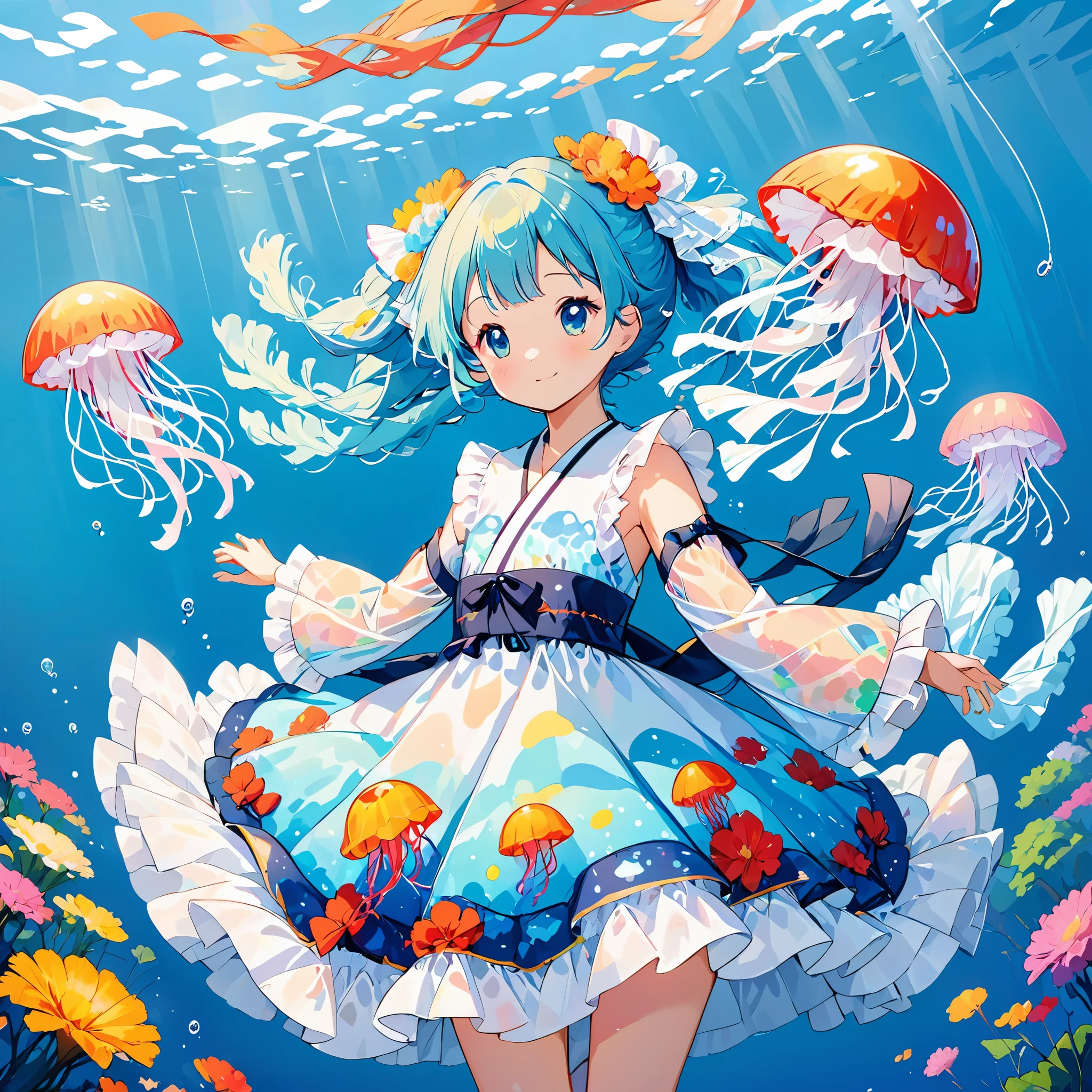 cute girl yes,flat chest,kawaii,(jellyfish girl:1.2), Put your arms behind your back,underwater,frilly dress,