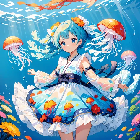 cute girl yes,flat chest,kawaii,(jellyfish girl:1.2), put your arms behind your back,underwater,frilly dress,