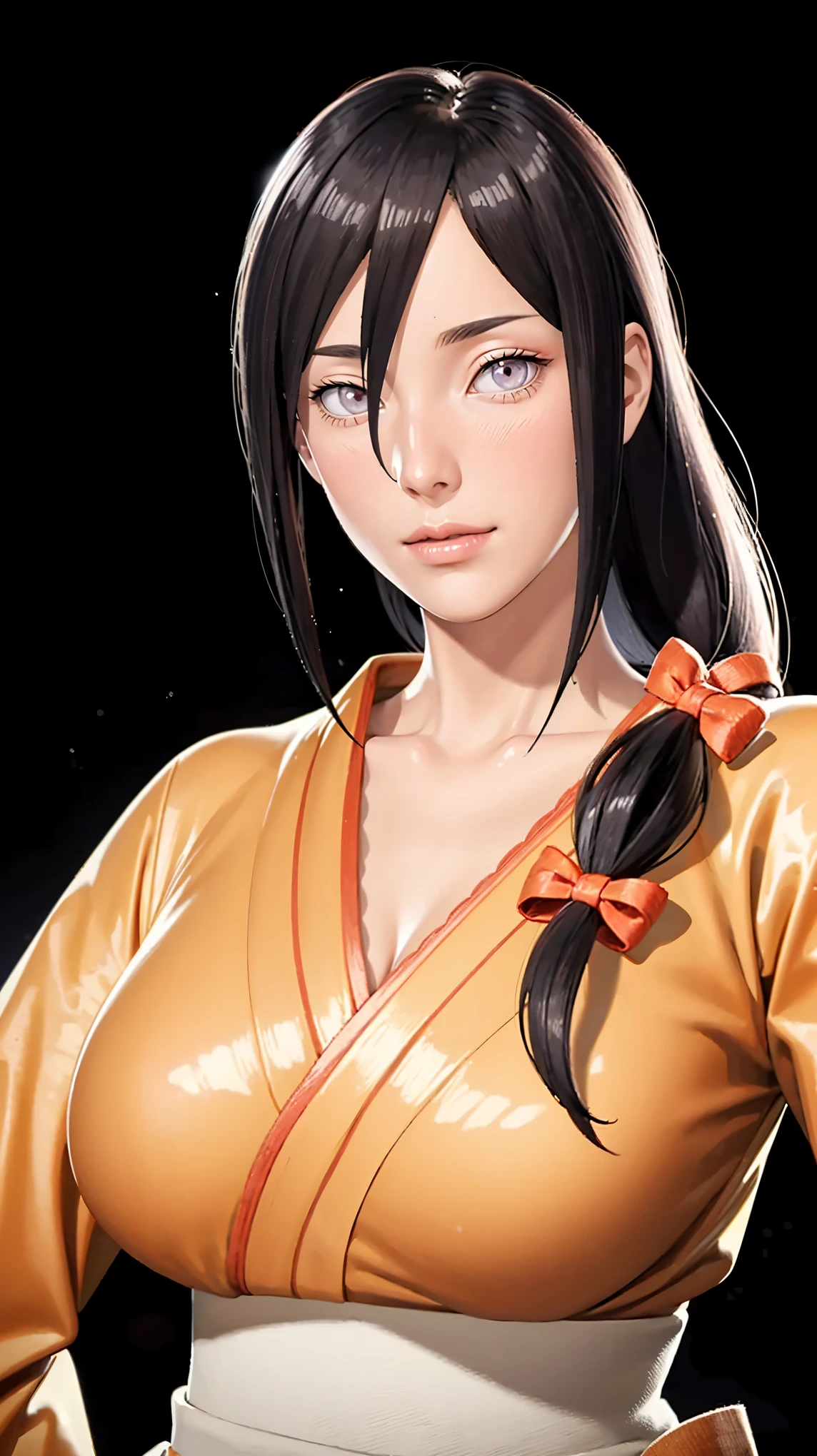 （（（Perfect figure，figure，orange kimono, obi，hakama skirt，work，flame print kimono，（（（hyuuga workbi，low tied long hair，hair bow，Light blue pupils））），S-shaped figure:1.7））），((masterpiece)),high resolution, ((Best quality at best))，masterpiece，quality，Best quality，（（（ Exquisite facial features，looking at the audience,There is light in the eyes，Happy，nterlacing of light and shadow，））），（（（looking into camera，black background）））