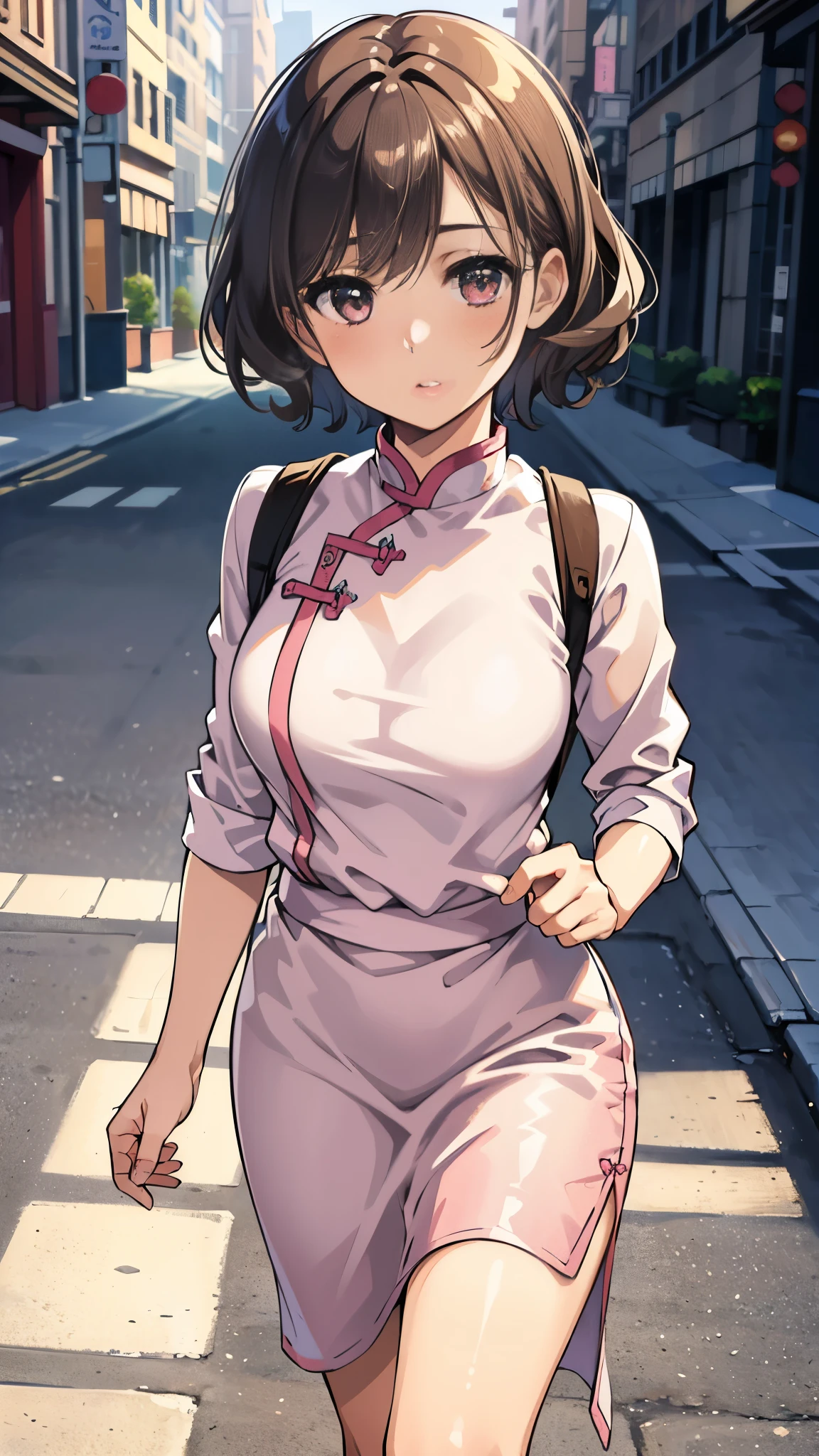 (best quality,8k,highres,masterpiece:1.2),(photorealistic:1.3),ultra-detailed,illustration,1girl,amazing,detailed face, cinematic lighting,soft natural light, beautiful adorable girl,short curly hair,pink and white qipao,on a street, cityscape, facing the audience, walking, standing up