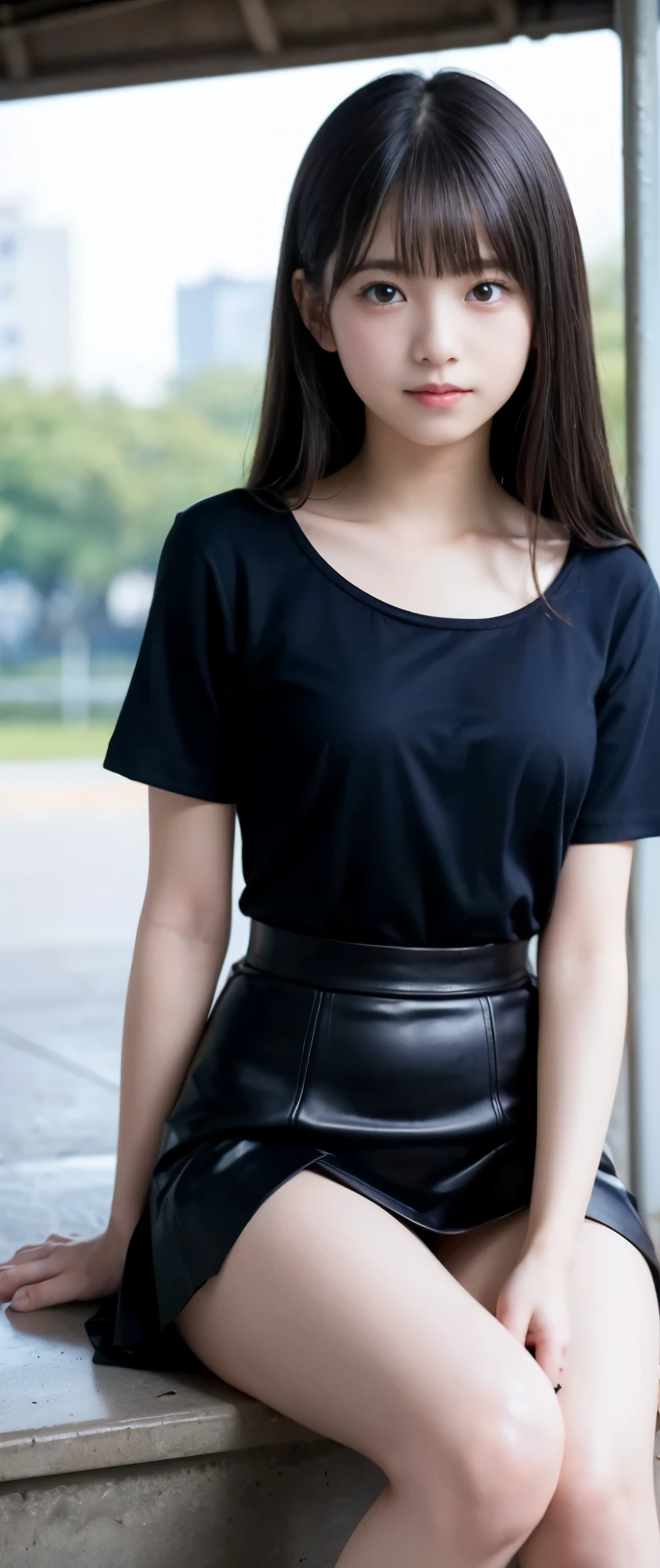 A close up of a woman sitting on a ledge wearing a black top - SeaArt AI