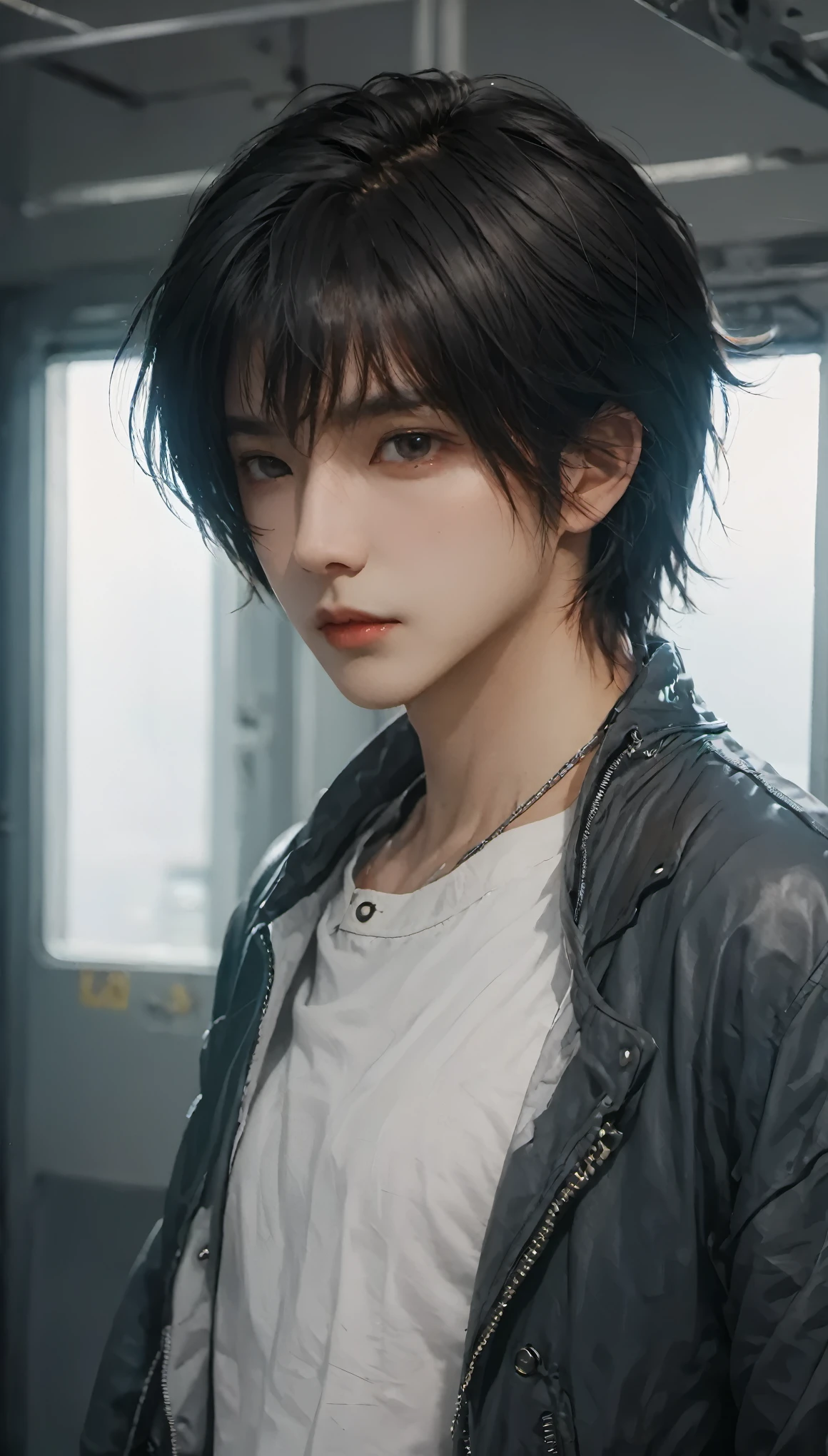(masterpiece, best quality:1.2), 1 boy,black hair,blurred background,depth of field,gray eyes,hair between eyes,Jacket,lips,looking at the audience,indoor,permanent,nose of an airplane,nose,Open your clothes,open Jacket,actual,shirt,long hair,alone,Upper body,Pull
