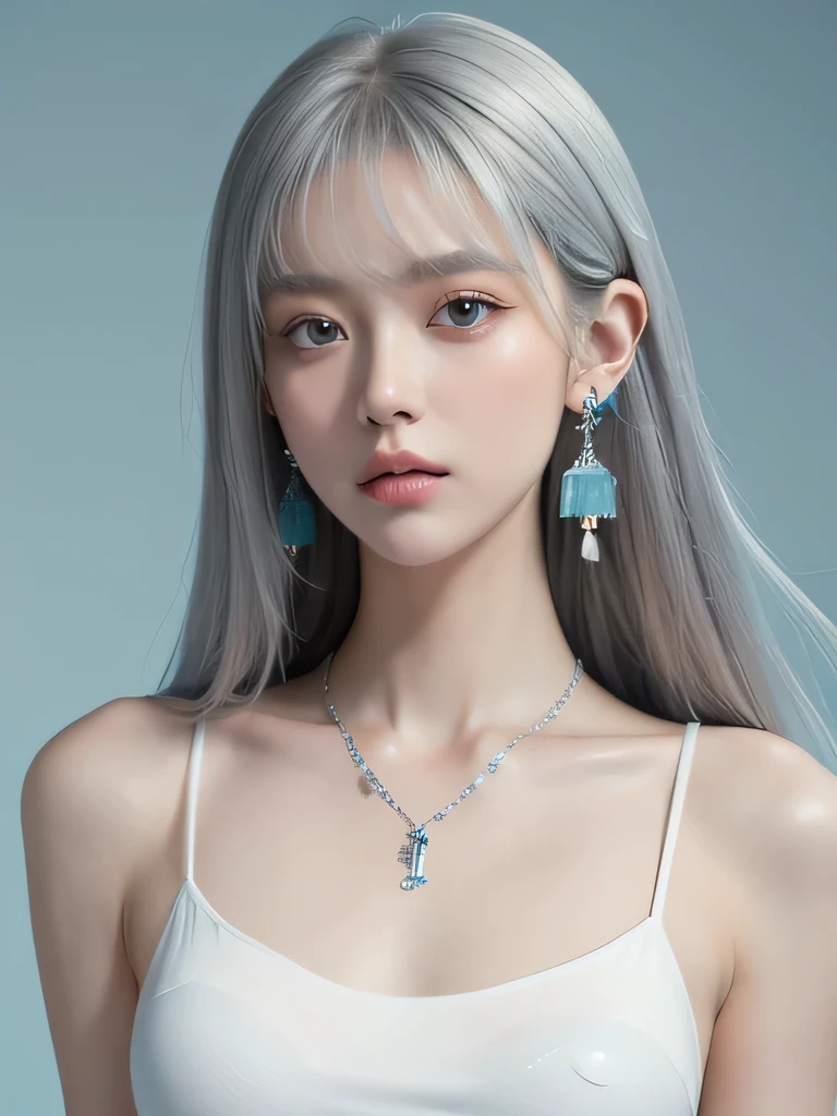 (masterpiece, highest quality:1.2), 8K, 85mm, Raw photo, confused, white and cyan theme, (liquid clothes, liquid dress:1.4), gray hair, gradient dress, delicate girl, Upper body, close your face, shiny skin, teen, looking at the viewer, HDR, sharp focus, particle, dusk sky, shiny skin, small eyes and face, colorful background, simple background、earrings、necklace、clavicle、straight long、straight perm、silver hair、