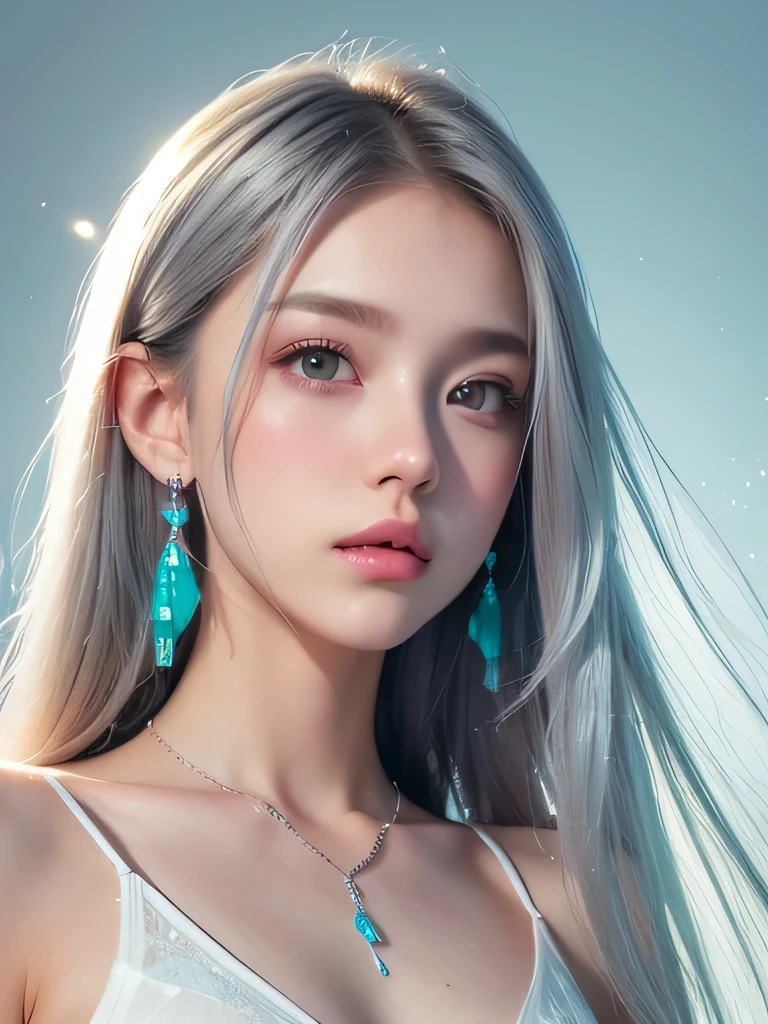 (masterpiece, highest quality:1.2), 8K, 85mm, Raw photo, confused, white and cyan theme, (liquid clothes, liquid dress:1.4), gray hair, gradient dress, delicate girl, Upper body, close your face, shiny skin, teen, looking at the viewer, HDR, sharp focus, particle, dusk sky, shiny skin, small eyes and face, colorful background, simple background、earrings、necklace、clavicle、straight long、straight perm、silver hair、