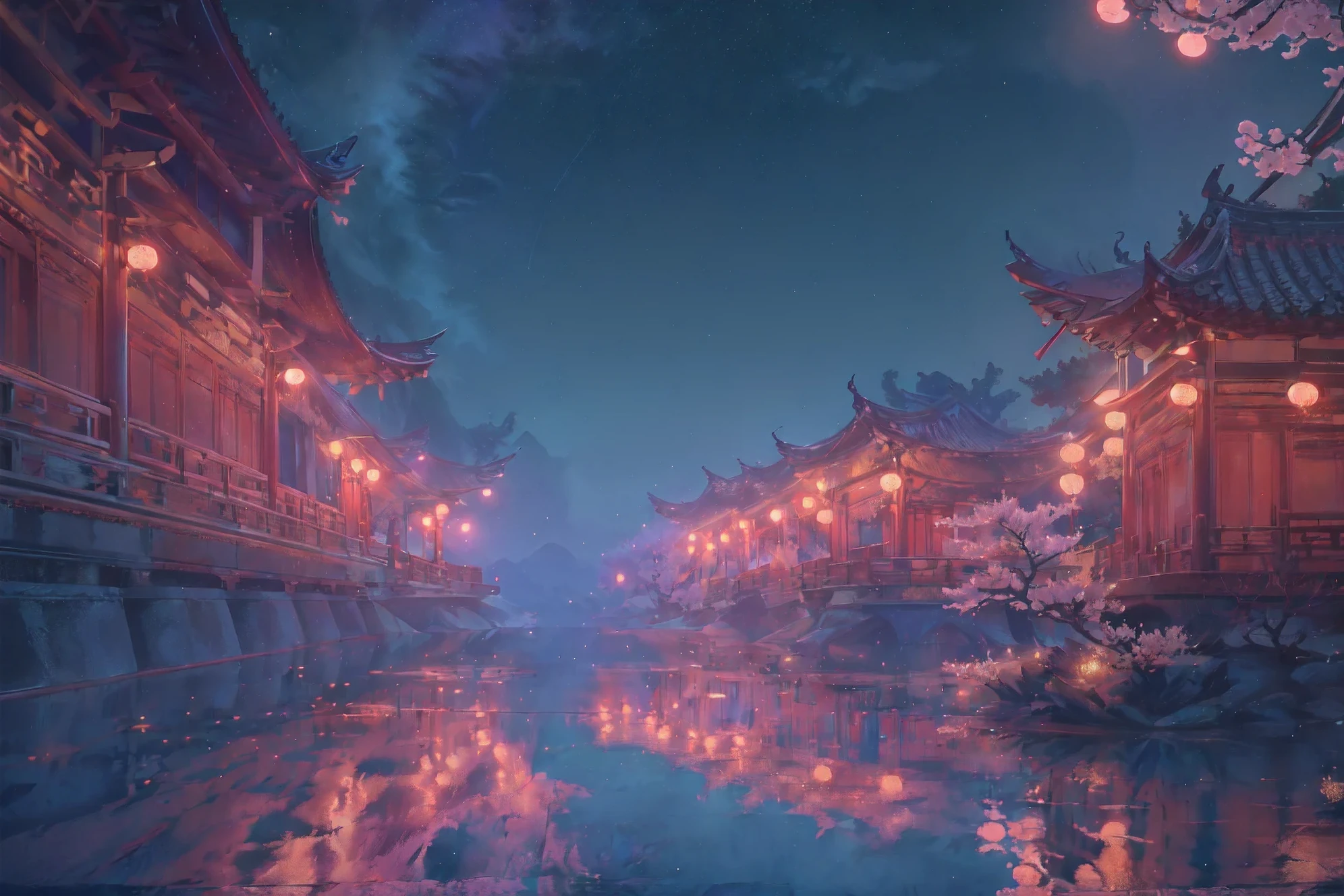 (masterpiece, best quality:1.2), (\sai bo gu feng\), landscape, no humans, tree, Sky, night, Star \(Sky\), Outdoor sports, architecture, night Sky, east asian architecture, reflection, Starry Sky, building, water, bridge, Cherry blossoms, railing, 