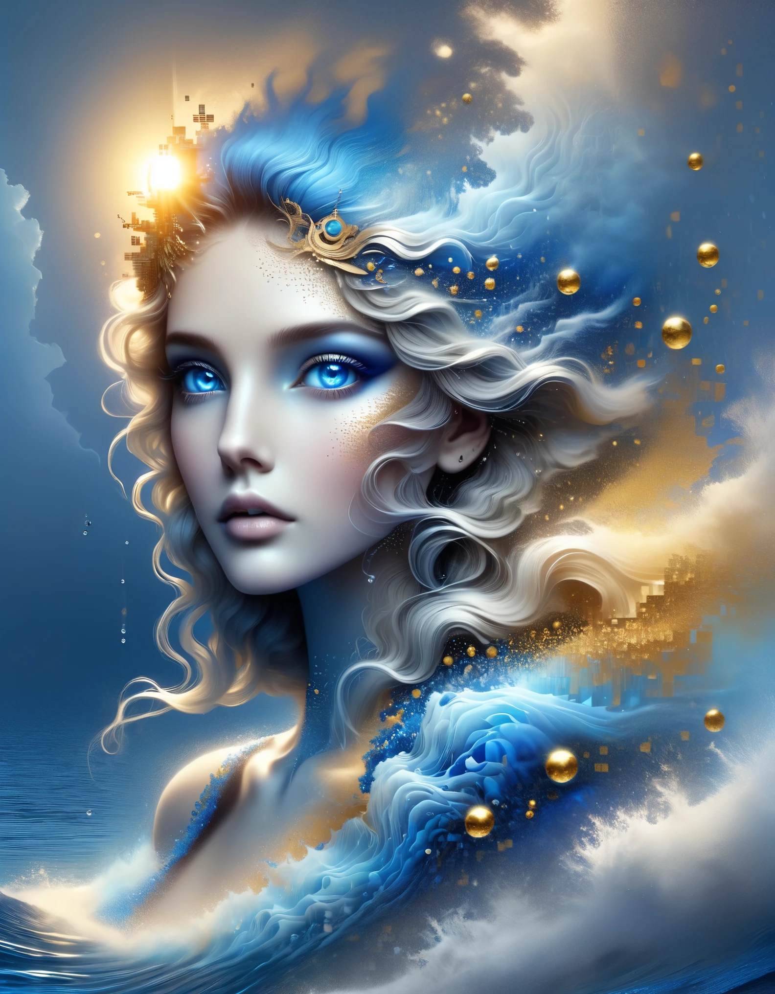ドット絵,カラス・イオナット風に, 美しいディテール，アグネス・ローレンス・ペルトンのスタイル, 美しいディテール，溶解したピクセルの青いグラデーションカラーの美しい女神アテナ，（全身），非常に美しい青い目，徐々に分解する，黄金の太陽が輝く，水面の部分的な反射，