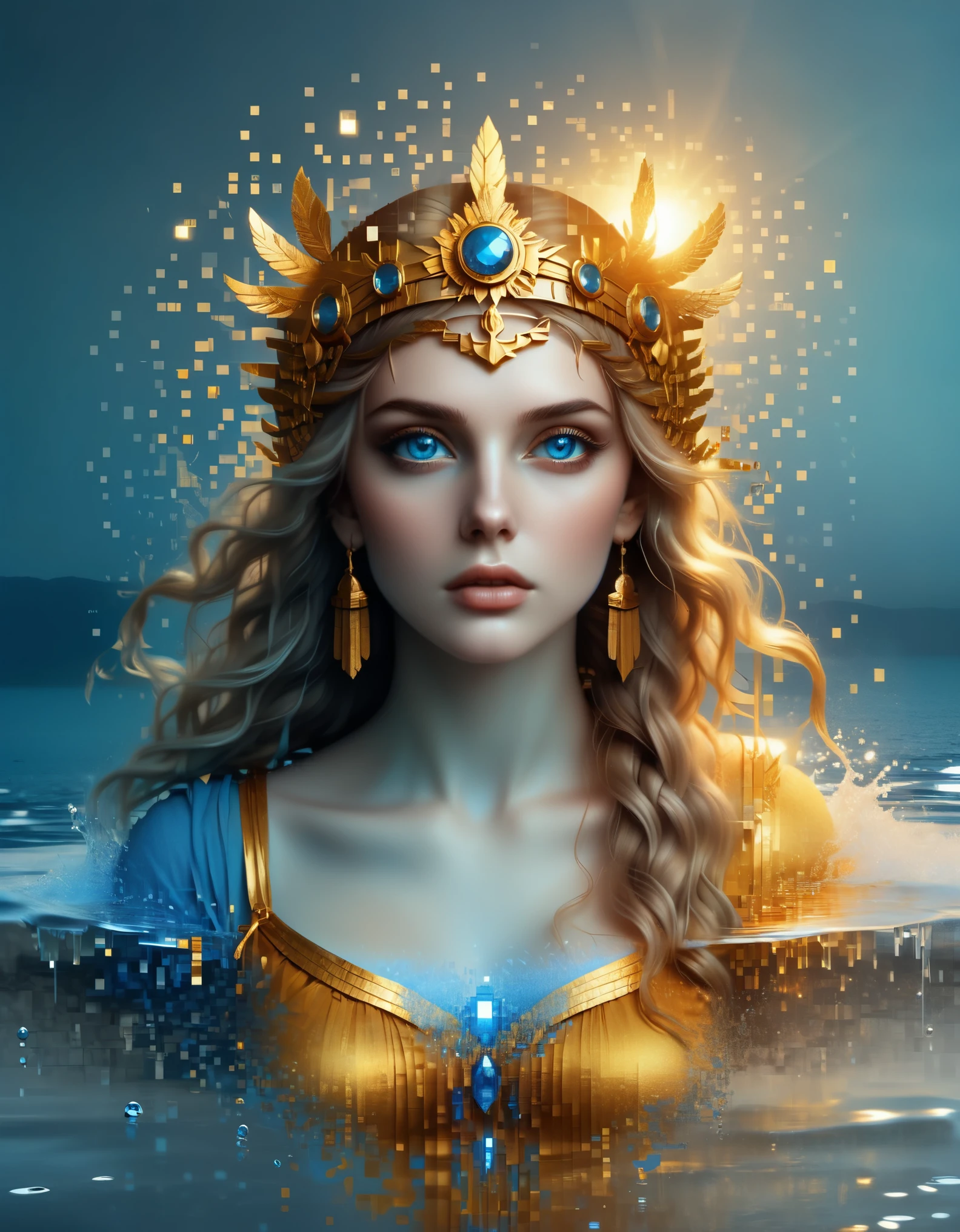 ドット絵，Caras Ionutのスタイルで, 美しいディテール， 美しいディテール，溶解したピクセルの青いグラデーションカラーの美しい女神アテナ，（全身），非常に美しい青い目，徐々に分解する，黄金の太陽が輝く，水面の部分的な反射，